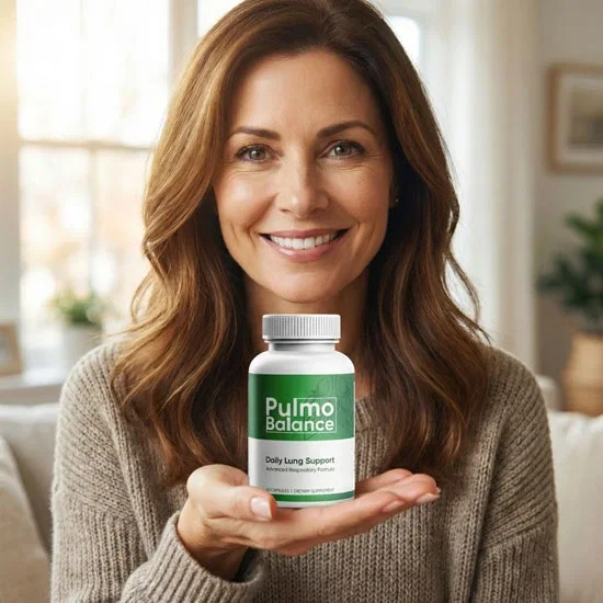 A woman holding a bottle of Pulmo Balance at home