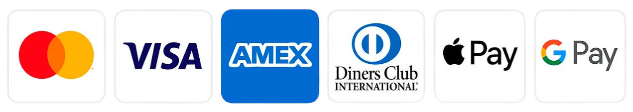 Mastercard, Visa, Amex, Diners Club, Apple Pay and Google Pay accepted